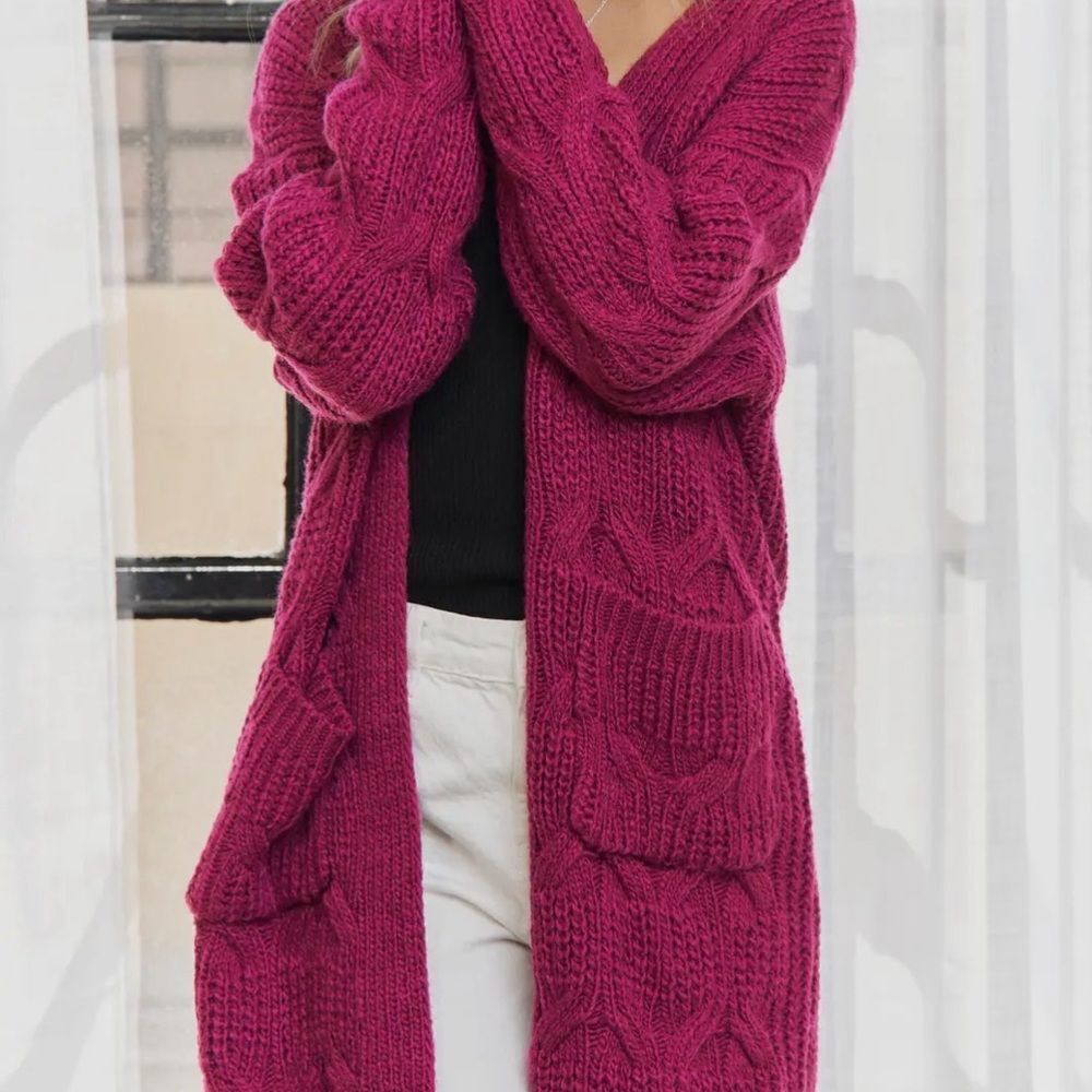 Women's Cable Knit Cardigan Sweater - Berry